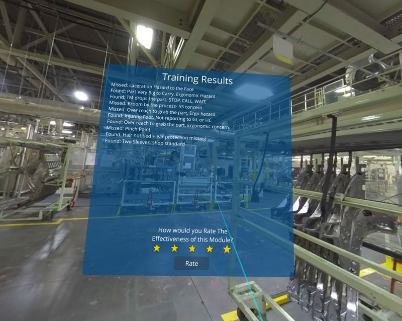 VR training screen that show a safety module training results