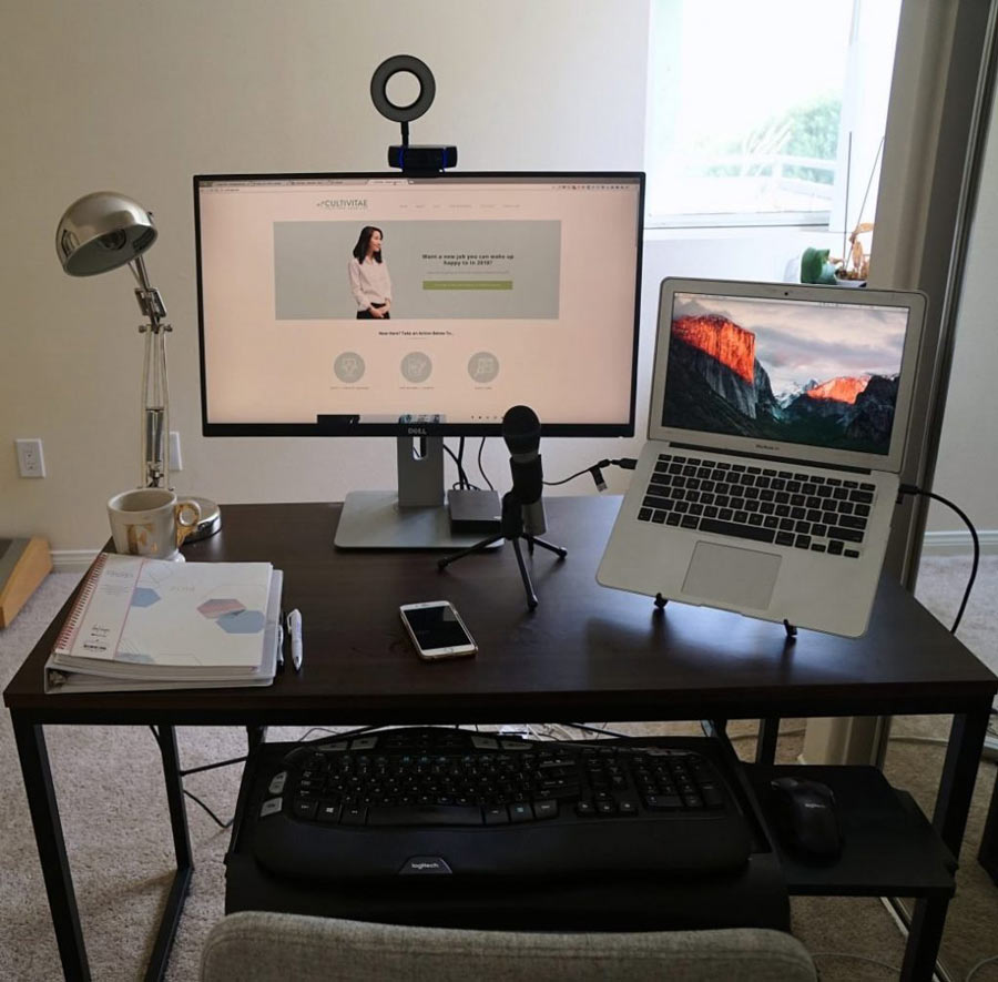 content creator home setup with microphone and ring light